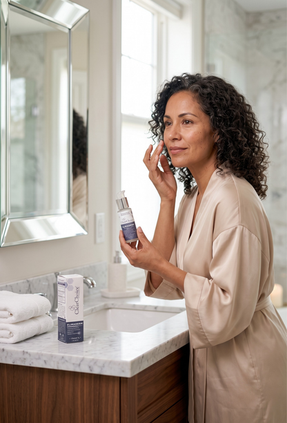 Woman applying skincare serum in bathroom