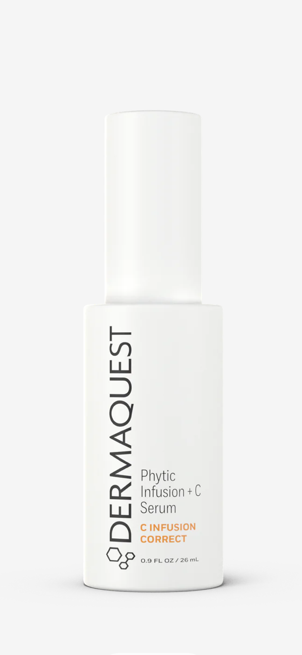 A smartphone screenshot showing a Dermaquest Phytic Infusion + C Serum bottle on a light gray webpage, with the product centered and the brand name visible on the bottle.