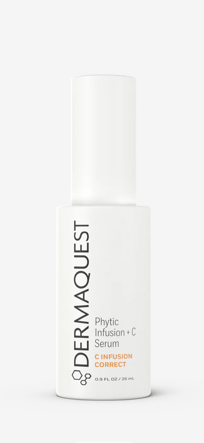 A smartphone screenshot showing a Dermaquest Phytic Infusion + C Serum bottle on a light gray webpage, with the product centered and the brand name visible on the bottle.
