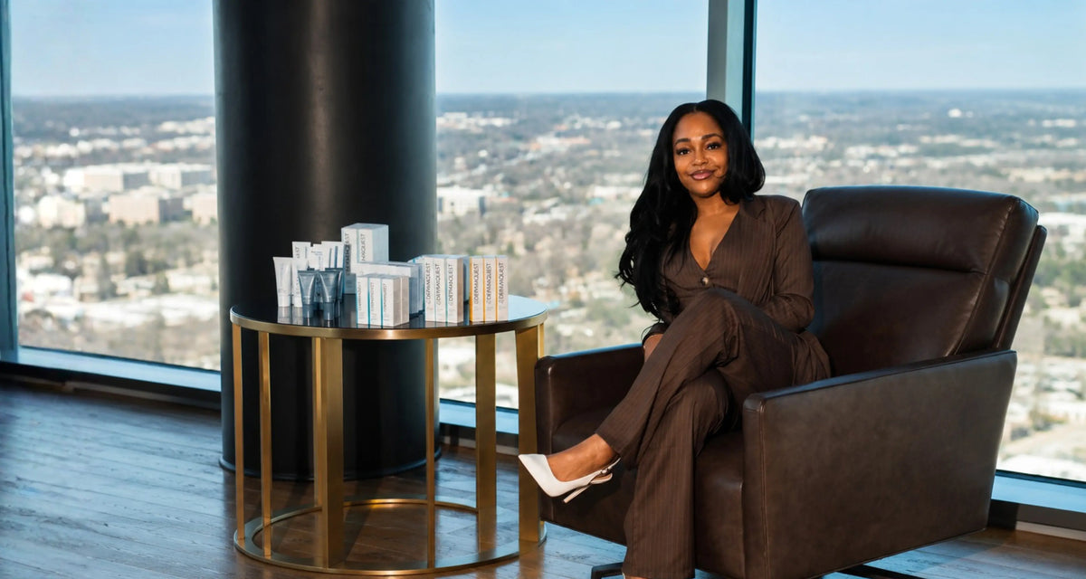Woman showcasing skincare products in a luxury aesthetic clinic